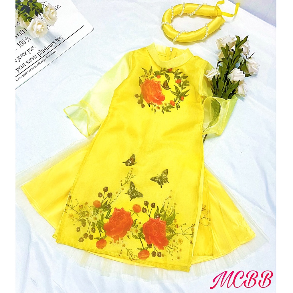 Mcbb 9-24kg tặng mấn áo dài cho bé gái áo dài cách tân bé gái tay lỡ lụa thêu hoa cỏ quần áo trẻ em nữ đi chơi 1-16 tuổi