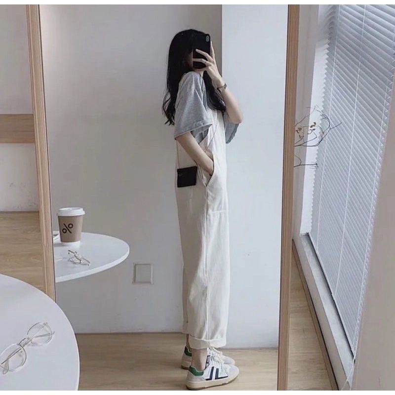 Set yếm trắng kèm áo thun xám, set quần yếm form thụng danh cho nữ Nhungkudostore