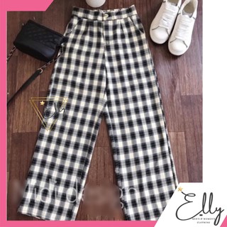 Quần ống rộng culottes kẻ đũi thô cúc khoá chun lưng kẻ