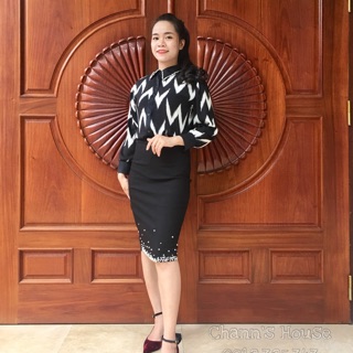 ÁO SƠ MI + CHÂN VÁY ĐÍNH ĐÁ HÀNG CÔNG SỞ THIẾT KẾ.