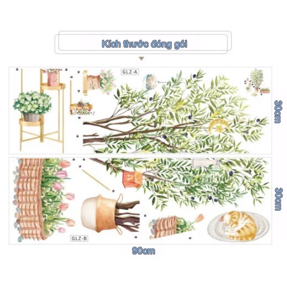 Decal trang trí tường - Chậu cây to và những phụ kiện treo trên cây kèm chậu cây nhỏ-BA2224