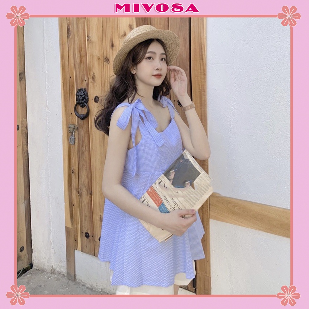 Set bộ nữ style Hàn Quốc set áo babydoll hai dây thắt nơ kẻ xanh và quần short trắng cực xinh MIVOSA SK001 | WebRaoVat - webraovat.net.vn