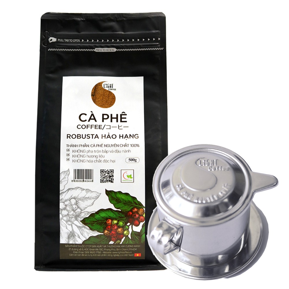 Combo phin pha cà phê inox cao cấp và cà phê bột nguyên chất 100% Robusta hảo hạng Light Coffee 500gr