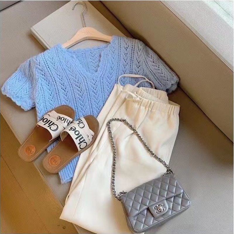 Áo Len Tay Ngắn Cổ Chữ V Thiết Kế Đục Lỗ Thời Trang Cho Nữ