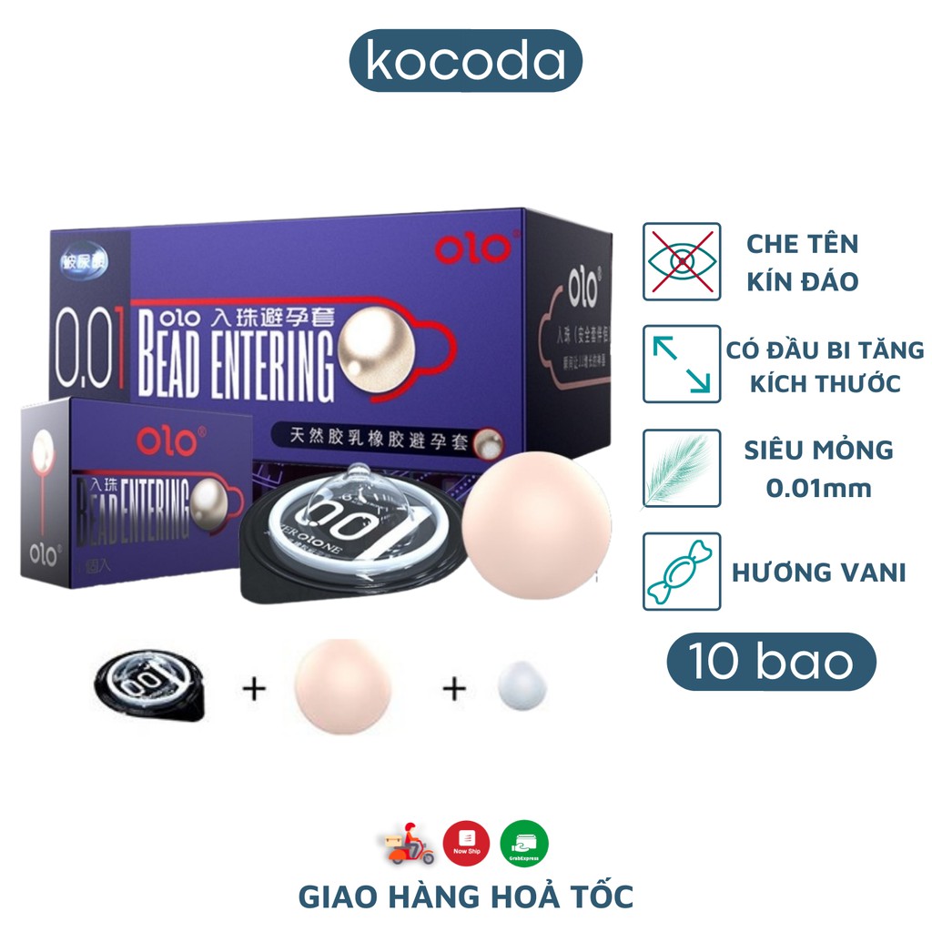 Bao Cao Su OLO 0.01 Siêu Bi Tăng 3cm Chiều Dài Siêu Mỏng BEAD ENTERING Xanh Hộp 10 chiếc - KOCODA