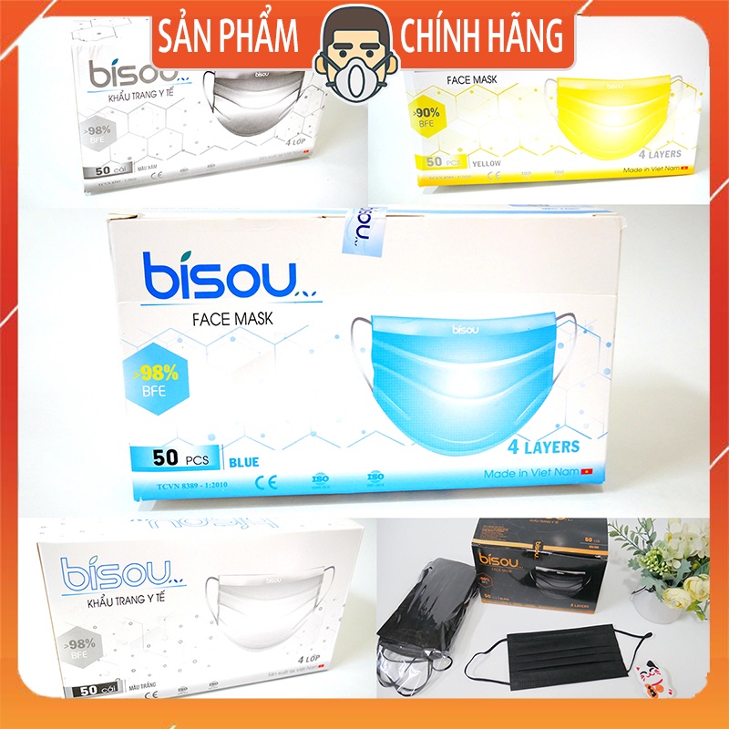 Khẩu trang y tế BISOU TRẮNG, ĐEN, XÁM, XANH, VÀNG 4 lớp - hộp 50 cái