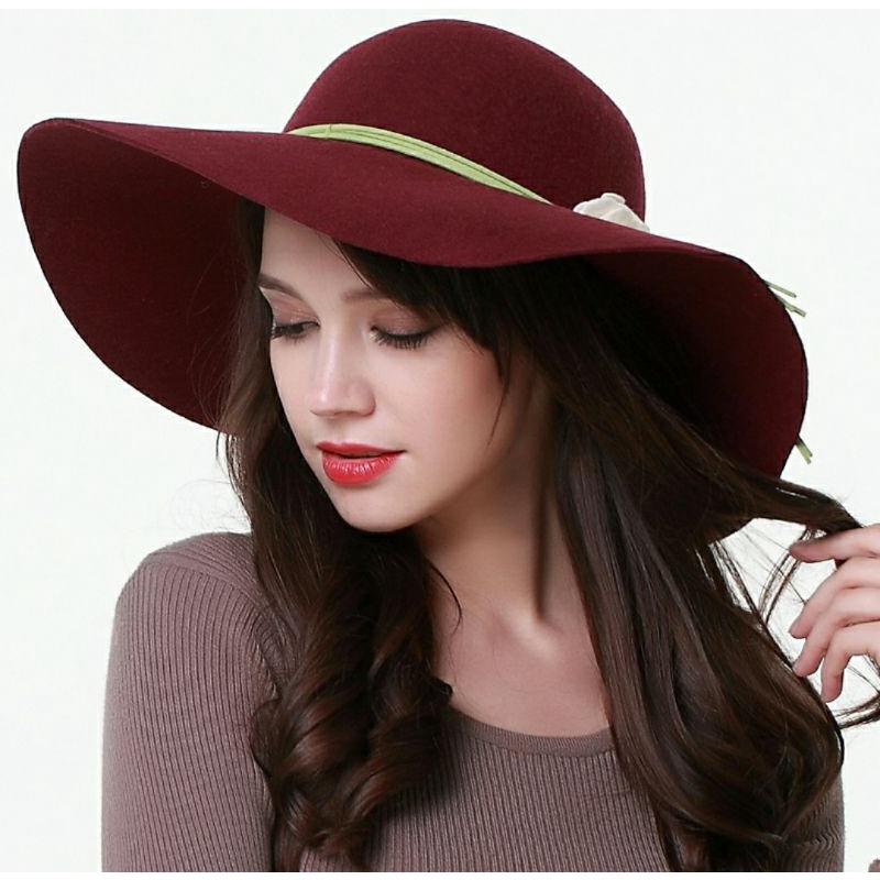 Nón mũ nữ rộng vành nỉ đi biển chống nắng fedora màu đỏ đô Lh 0917399527