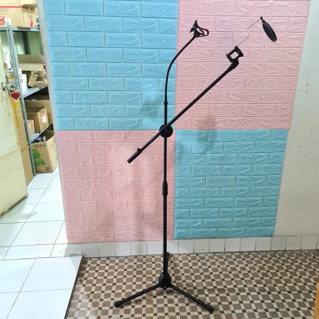 ♻ Chân Đế Micro  Boom Mic Stand Đứng Có Kẹp Điện Thoại Tăng Giảm Chiều Cao