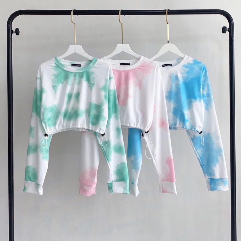 Áo Croptop Dây Rút Loang Tay Dài Ảnh Thật