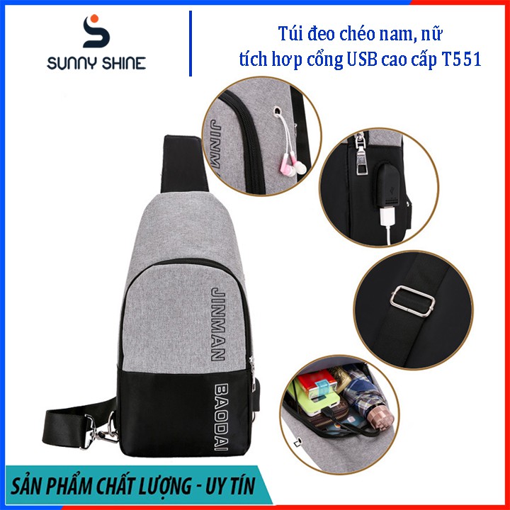 Túi đeo chéo nam, nữ tích hợp cổng kết nối USB, chất liệu vải canvas phối dù cao cấp, dùng cho mọi dịp T551 | BigBuy360 - bigbuy360.vn