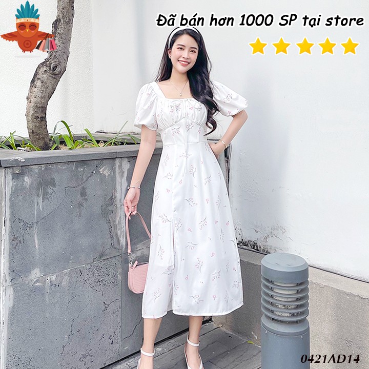 Đầm hoa trắng dáng dài tay phồng cột nơ xẻ tà THOCA HOUSE xinh xắn, dịu dàng thướt tha cho nàng
