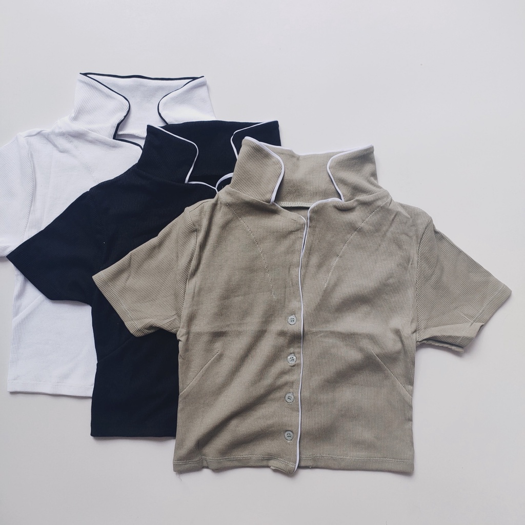 Áo croptop ôm tay ngắn có cổ - áo crt có cổ chất thun gân phối viền - A092