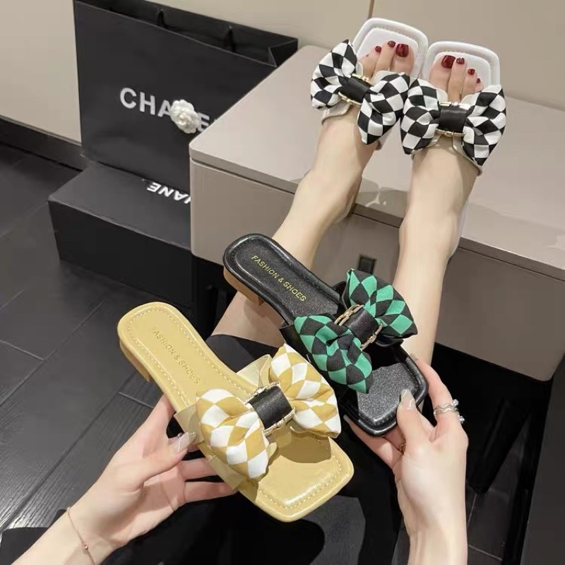 SALE SHOCK Dép lê da mềm 2,5cm bản to đính nơ caro BIG SIZE 41-43