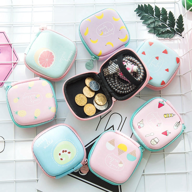 Túi vuông in hình trái cây dễ thương đựng tai nghe , dây cáp USB