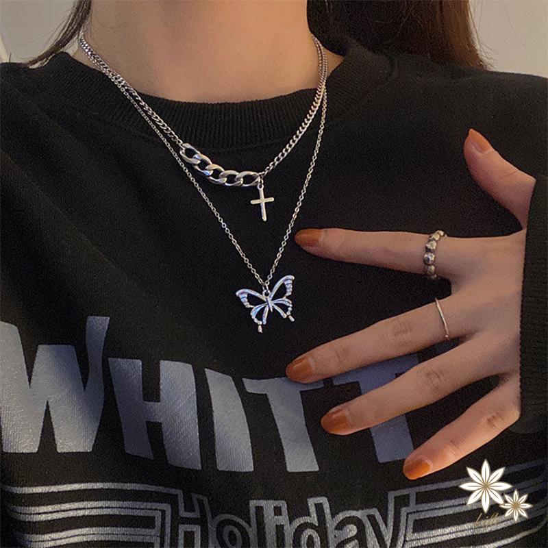 Vòng cổ hai lớp mặt hình bướm phong cách hip hop cá tính thời trang