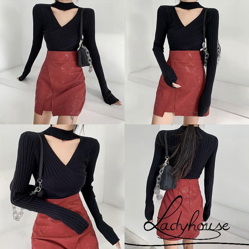 Ld-áo Sweater Lửng Dệt Kim Dáng Ôm Cổ Chữ V Tay Dài Màu Trơn Màu Xanh Dương / Đen / Trắng / Kaki Cho Nữ