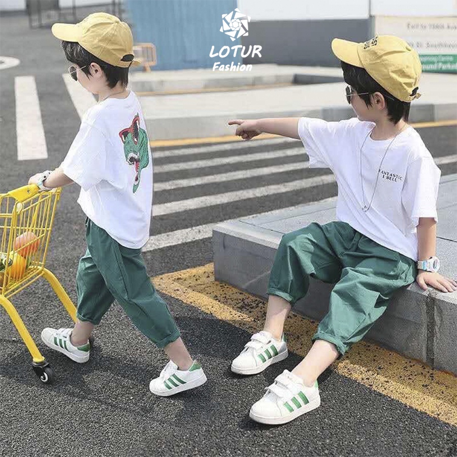 Bộ áo cộc tay cotton, quần lửng kaki, in hình khủng long sau lưng cực dễ thương và phong cách dành cho bé [LOTUR04]