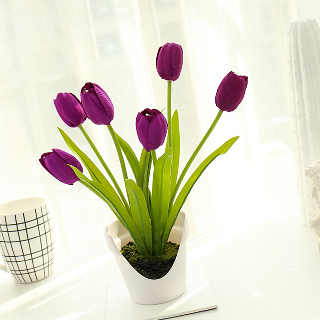 Chậu Hoa Tulip Nhân Tạo 6 Bông Trang Trí Nhà Cửa