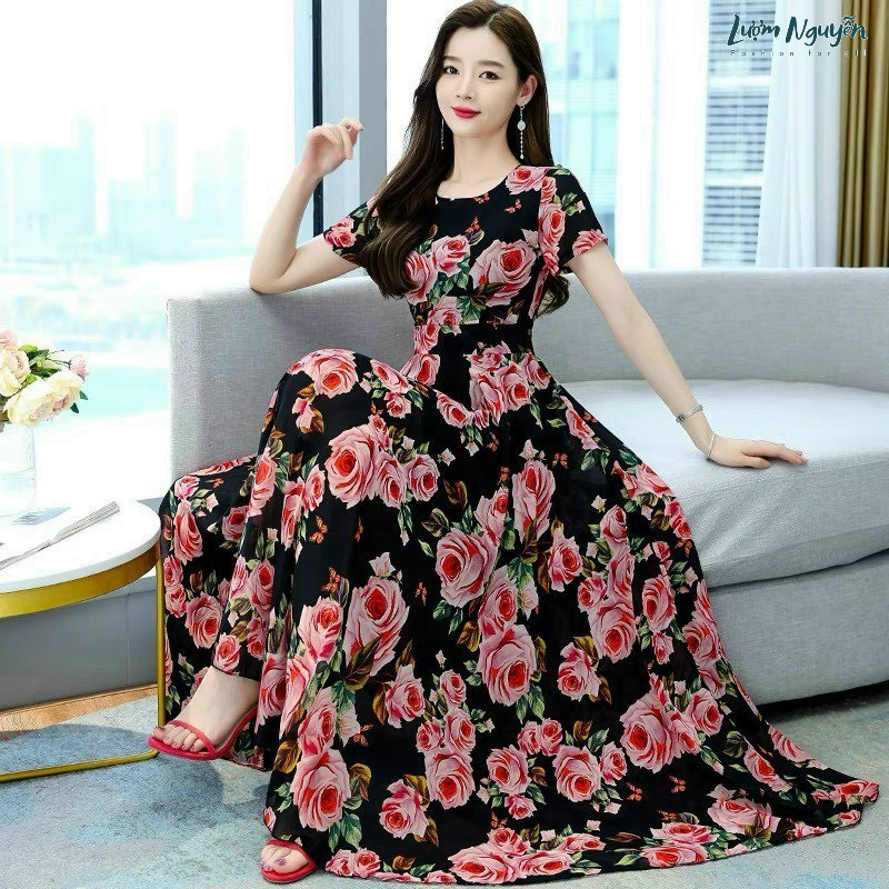 Maxi voan hoa hồng hai lớp cao cấp