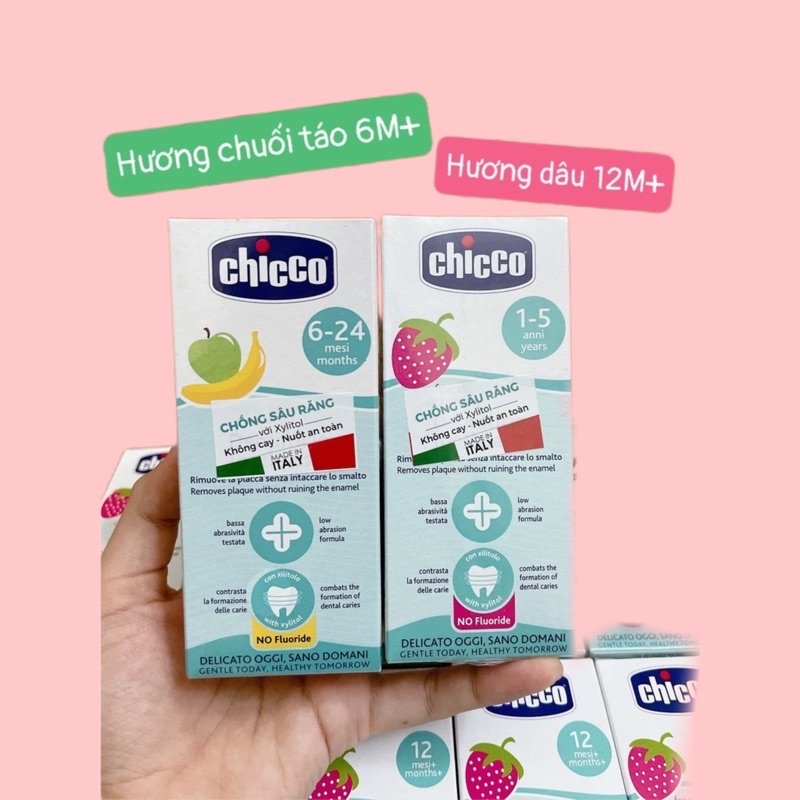 [DATE 2025] Kem đánh răng Chicco cho bé 6M+ và 12M+ (HƯƠNG CHUỐI TÁO VÀ HƯƠNG DÂU ĐỀU NUỐT ĐƯỢC)