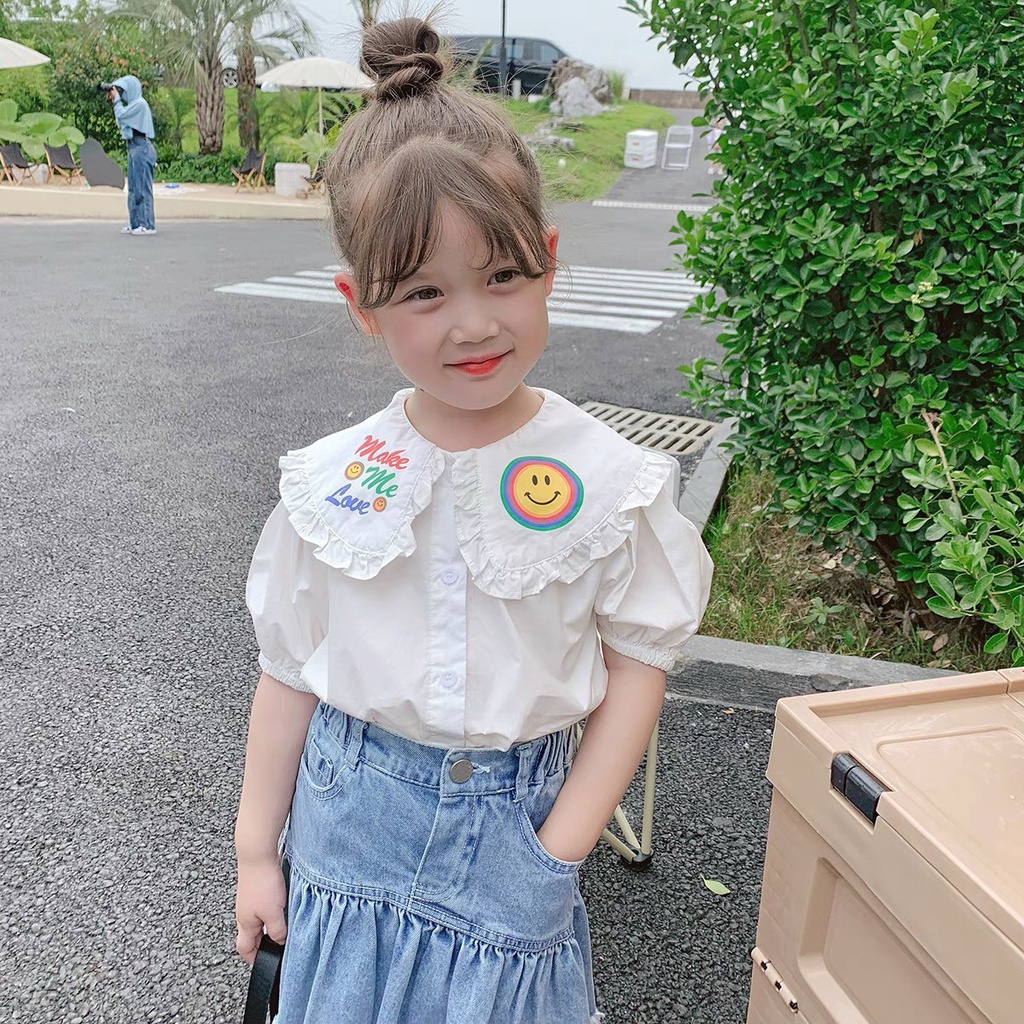 Sét váy đuôi cá kèm áo sơ mi trắng cho bé gái, sét áo sơ mi trắng Make me love phối chân váy jean tua rua cho bé