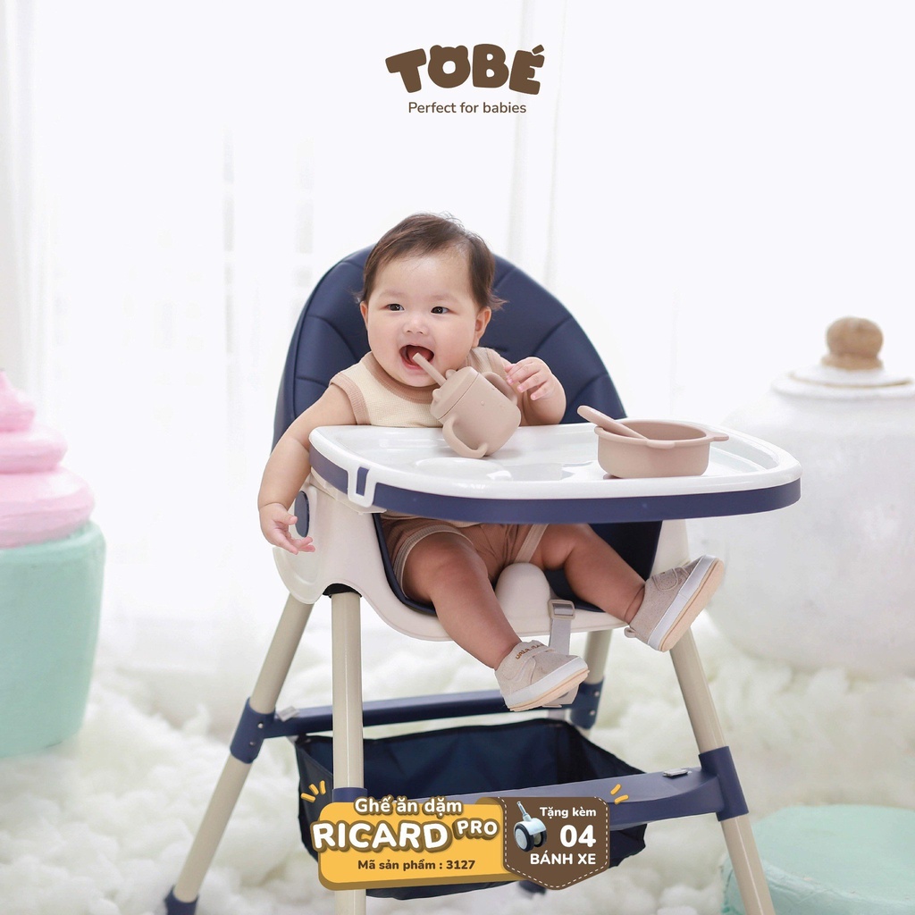Ghế Ăn Dặm Cho Bé Ricard Pro Trơn Pastel TOBÉ Thiết Kế Khay Ăn Kép Điều Chỉnh, 3 Cấp Độ, Có Thể Gấp Gọn