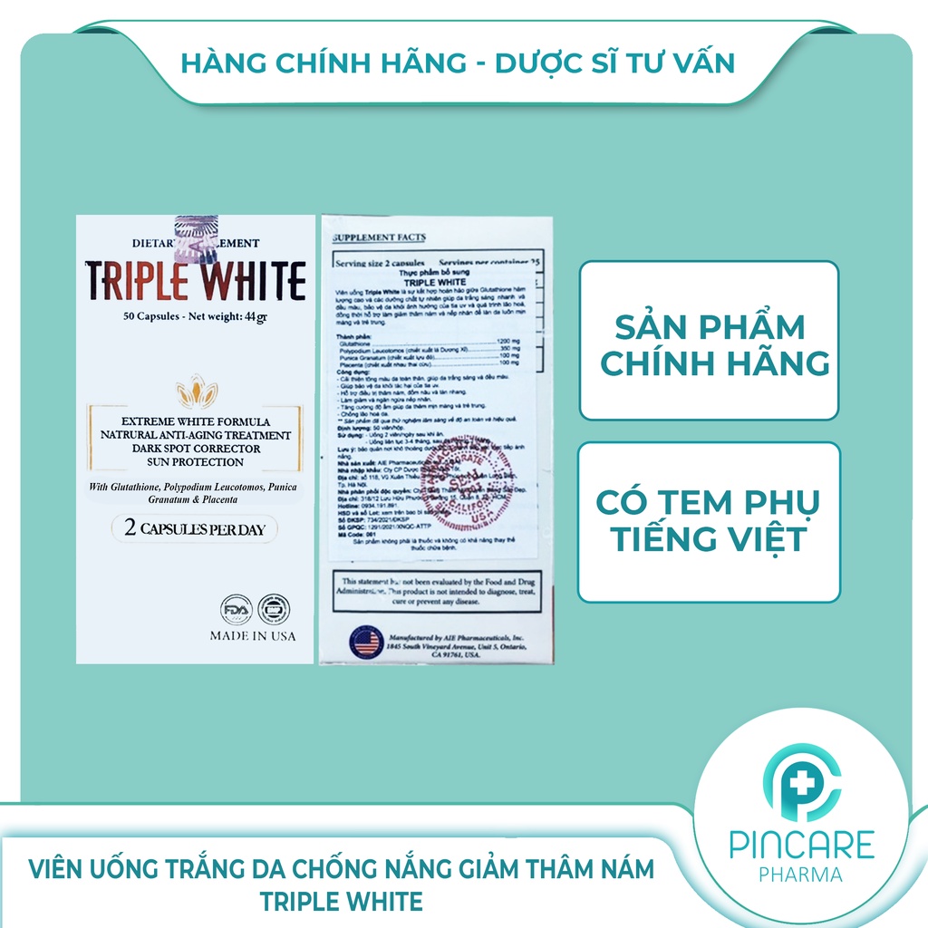 Viên uống sáng da Triple White chống nắng, đẹp da, giảm thâm nám của Mỹ - Hàng chính hãng - Nhà thuốc Pincare