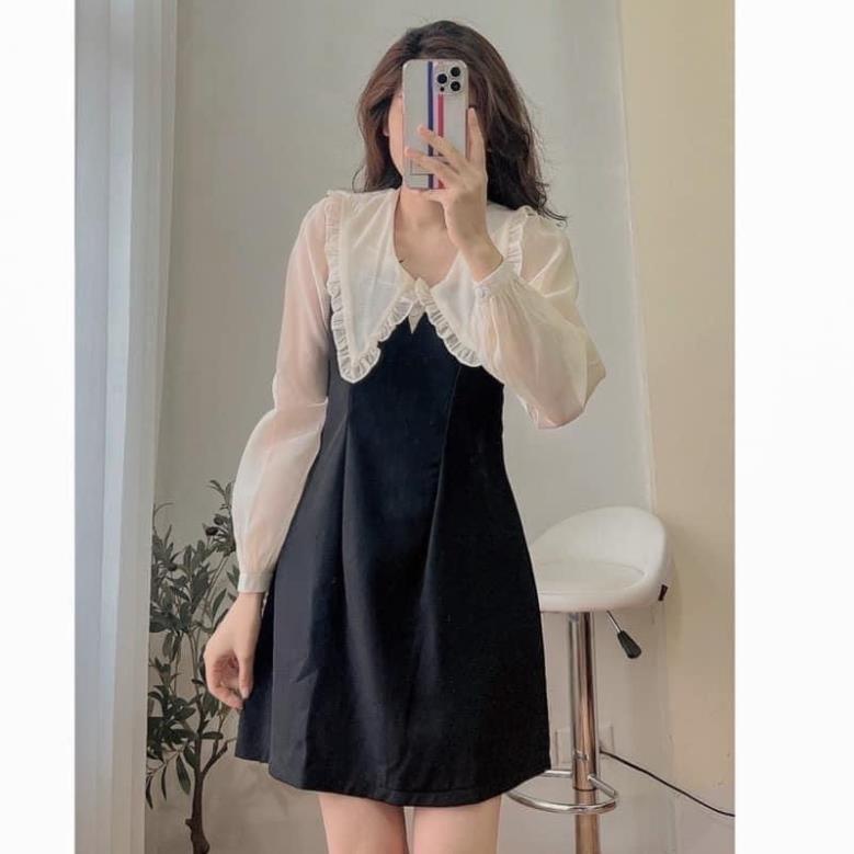 [ẢNH THẬT] Váy Công Chúa Phối Màu Tay Bồng  Chất Voan 2 Lớp Cổ Nơ Chất Đẹp Hàn Quốc Dài Đùi