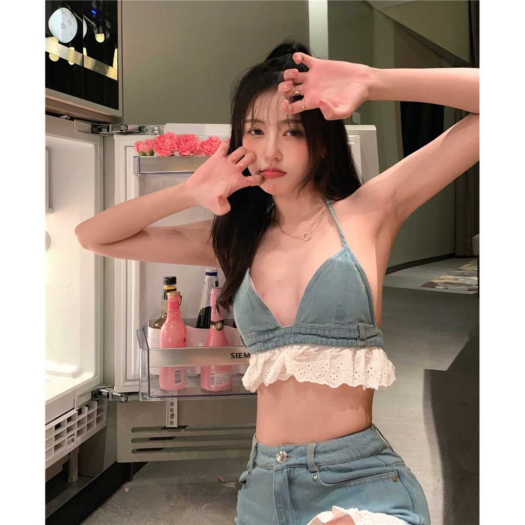 Bộ Áo Hai Dây Vải Denim Và Quần Short Phong Cách Nhật Bản Xinh Xắn Dành Cho Nữ