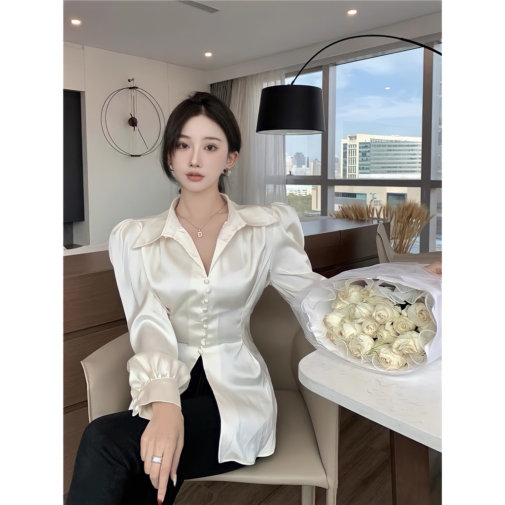 Áo sơ mi nữ hot trend buộc nơ sau lưng chất vải phi lụa màu trắng
