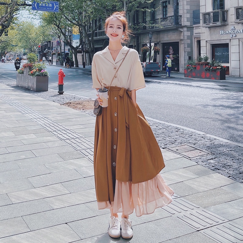 Đầm Dài Ôm Eo Mỏng Nhẹ Màu Sắc Tương Phản Phong Cách Pháp Thời Trang Mùa Hè 2022 Mới Cho Nữ Thảm Lót Thời Trang Mature Generous @@@ @