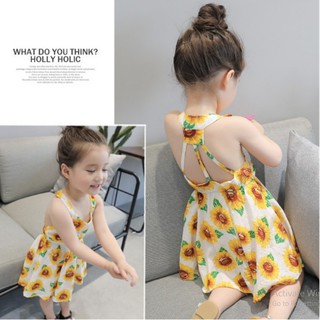 Đầm xòe sát nách họa tiết hoa hướng dương năng động cho bé gái