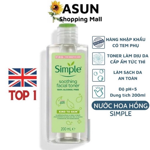 Nước Hoa Hồng Simple Dành Cho Da Nhạy Cảm Kind To Skin Facial Toner