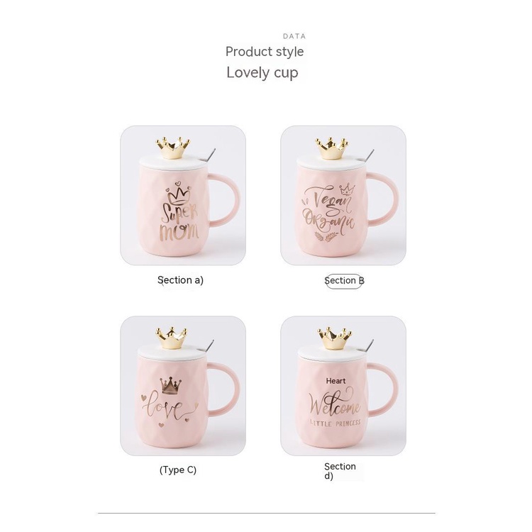 Cốc Sứ Uống Cà Phê Có Nắp Đậy Và Muỗng Hình Vương Miện Màu Hồng Dễ Thương Sáng Tạo Dành Cho Cặp