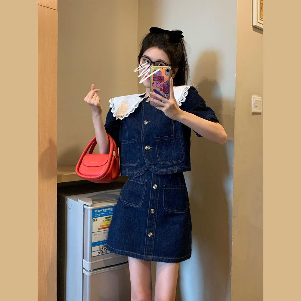 Set Áo Ren Cổ Búp Bê Và Chân Váy Denim Thời Trang Mới Cho Nữ