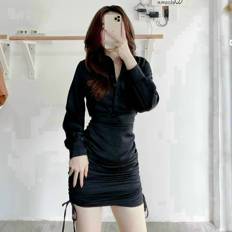 Đầm Nữ ⚡𝙎𝙄𝙀̂𝙐 𝙎𝘼𝙇𝙀⚡ Đầm Body Tay Dài Rút Dây Cổ Sơ mi Cài Nút Thật Thời Trang - 78055