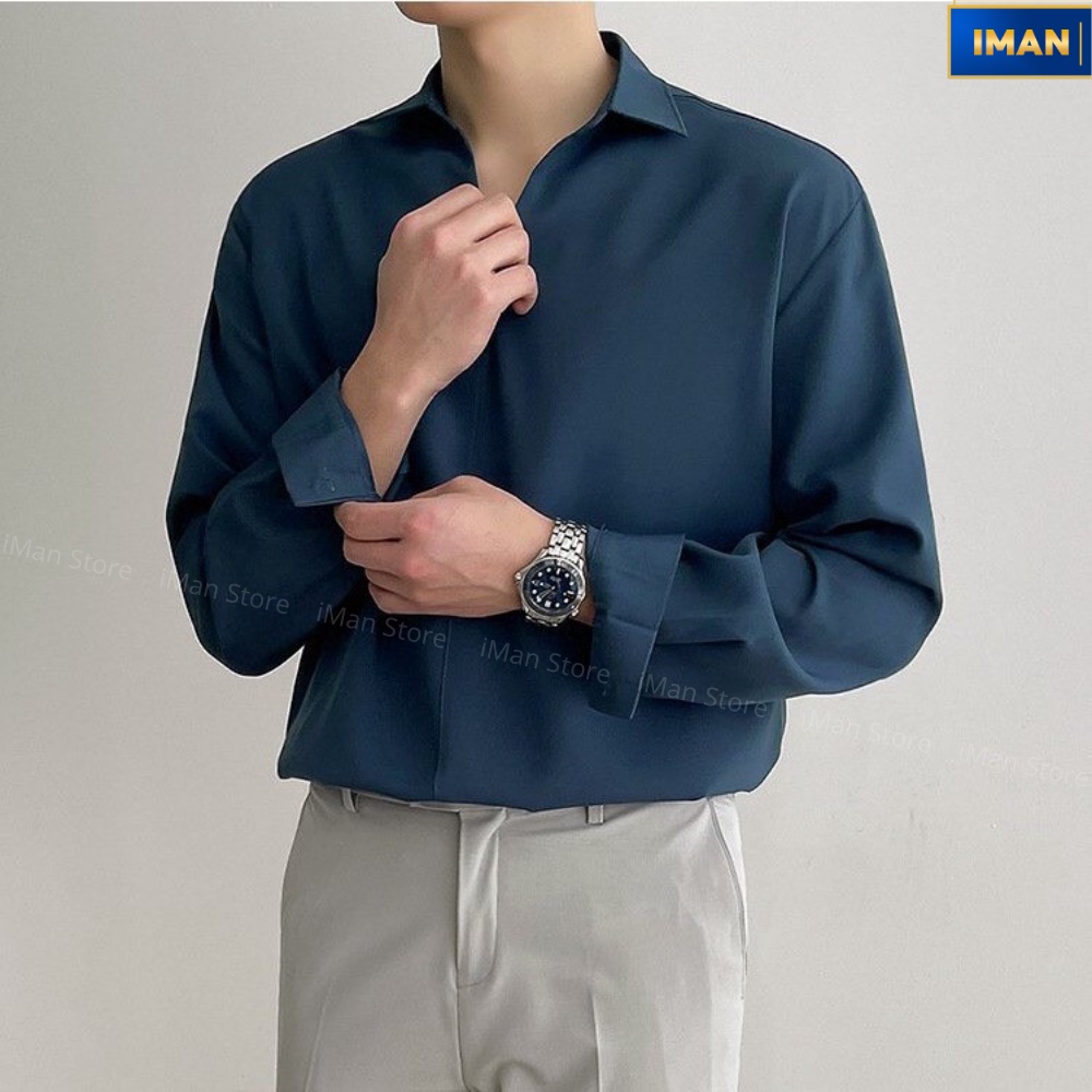 Áo Sơ Mi Nam Nữ Cổ V Dài Tay, Sơ Mi Nam Hàn Quốc Form Rộng Unisex Vải Lụa Mềm Mịn Thoáng Máti