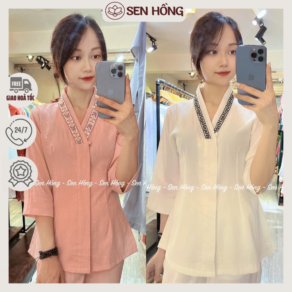 QUẦN ÁO PHẬT TỬ CAO CẤP - pháp phục nữ vải đũi Nhật mát nhẹ - áo lam đi chùa cổ V không thêu lên dáng đẹp B40