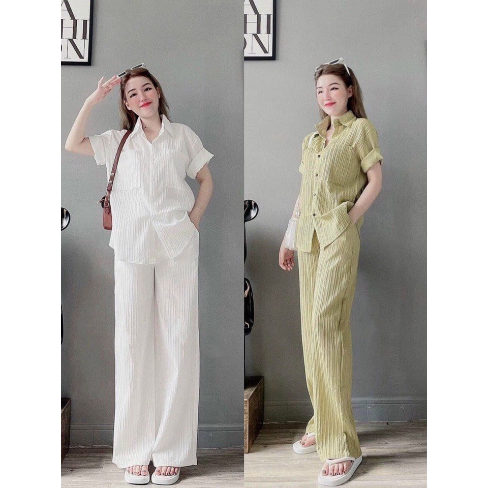 Set đũi gân quần dài kết hợp áo sơ mi tay lỡ - FREESHIP - Nana's House