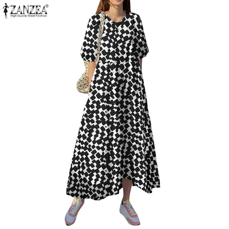 Zanzea Đầm Dài Dáng Rộng Tay Lửng In Họa Tiết Caro Phong Cách Vintage Nữ Tính