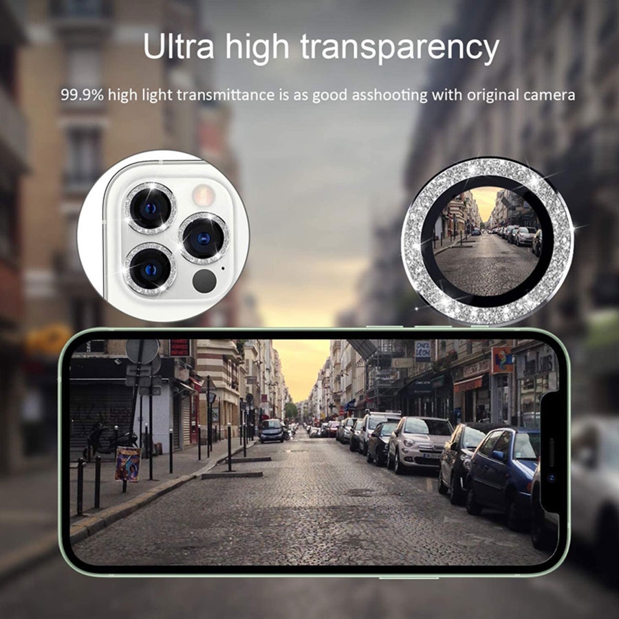 Nắp dán đính đá bảo vệ ống kính camera cho iPhone 11 12 13 Pro Max / 12 Mini