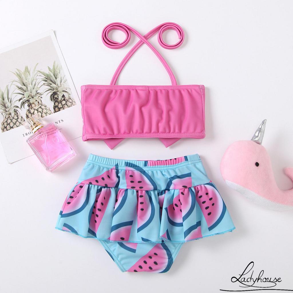 Ld-bộ Đồ Bơi Hai Mảnh Áo Cổ Yếm Và Quần Ngắn In Họa Tiết Màu Hồng/Đỏ/Cam Cho Bé Gái