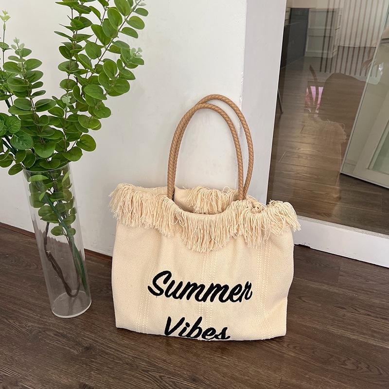 Túi Tote Đeo Vai Chất Liệu Vải Bố Thêu Chữ 2022 Phối Tua Rua Thời Trang Mùa Hè Cho Nữ