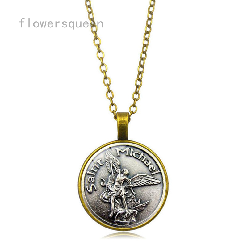 flowersqueen Dây chuyền mặt hình thiên thần Saint St Michael phong cách vintage retro dành cho nữ