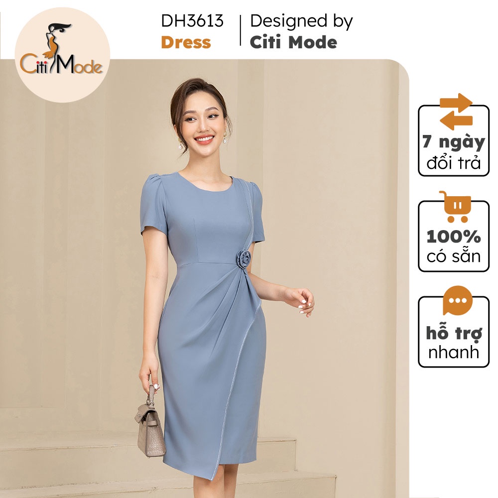 Đầm ôm công sở xanh nhạt CITI MODE cổ tròn phối vạt đính hoa eo chất vải co giãn nhẹ DH3613