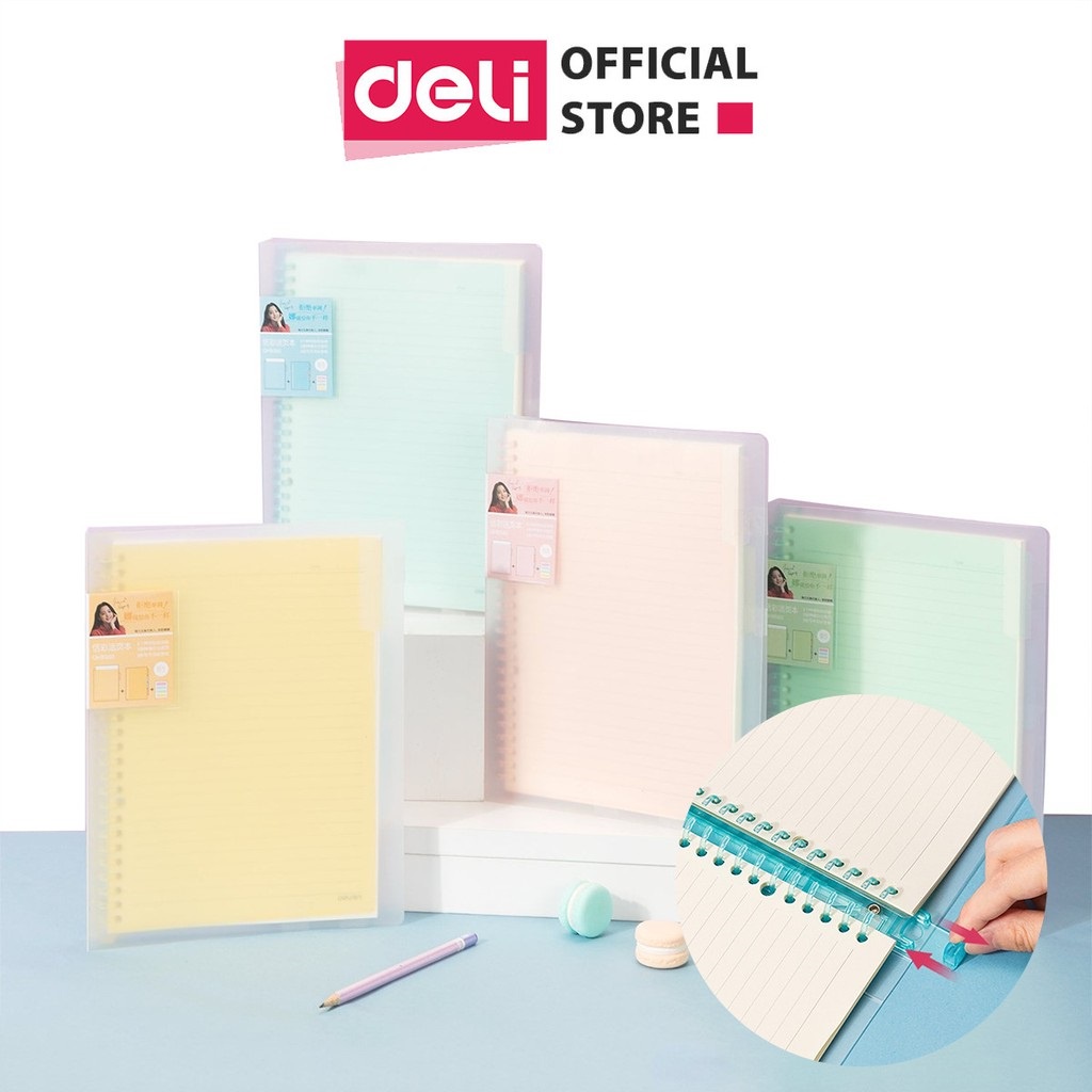 Sổ bìa còng kèm lõi Deli gáy lò xo khổ A5/B5 có phân trang và sticker đi kèm làm planner bullet journal caligraphyQHA560