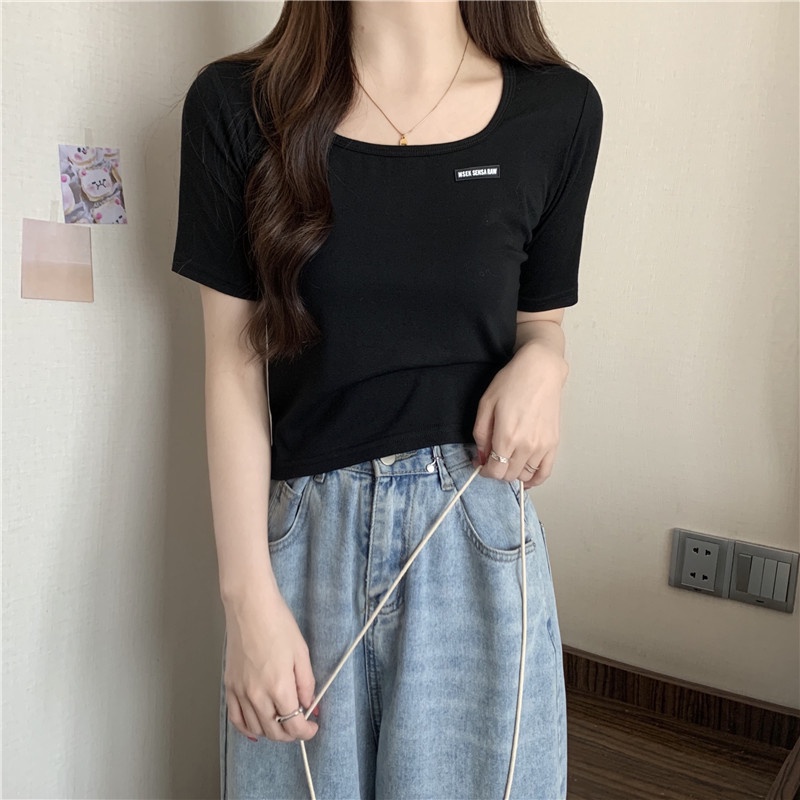 SUXI Áo Thun Tay Ngắn Cổ Vuông Màu Sắc Đơn Giản Cho Nữ