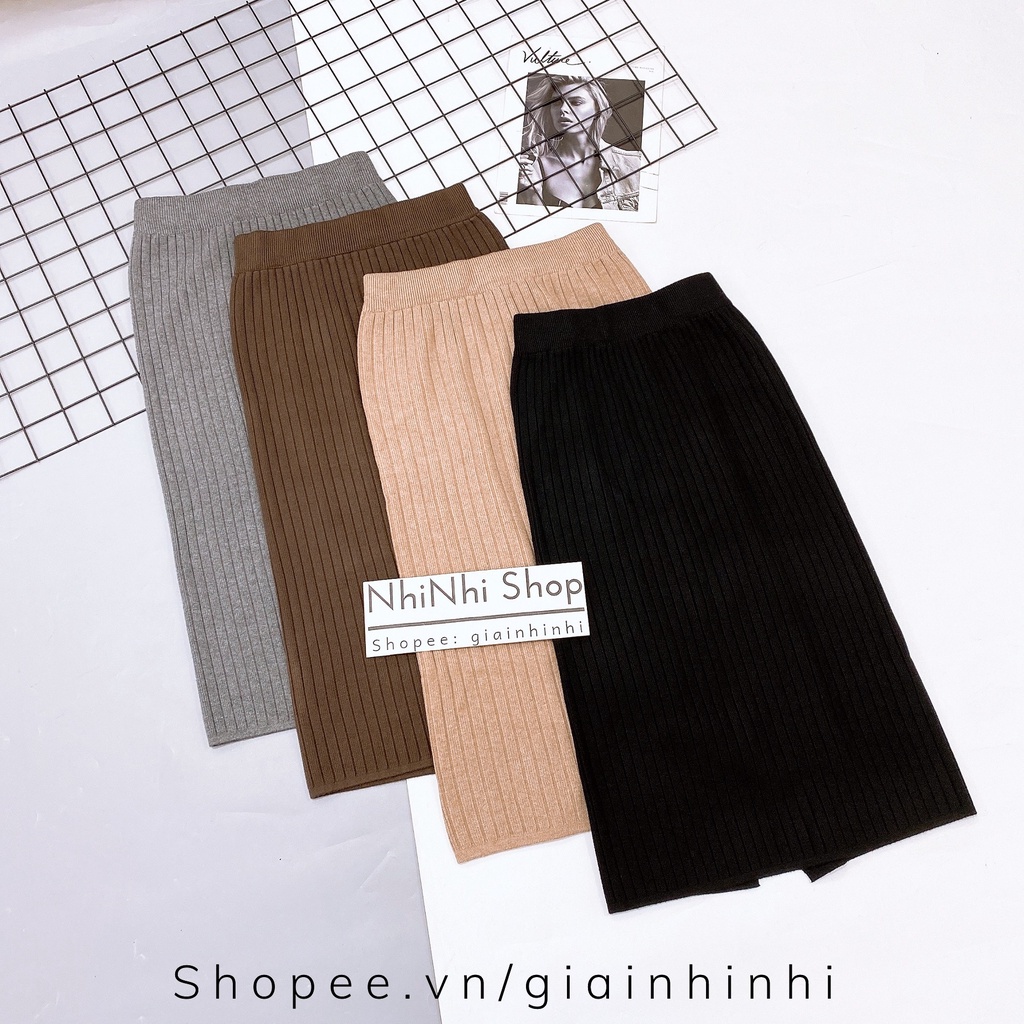 Chân váy len đũa dài có xẻ sau, Chân váy dáng dài cạp cao co giãn CV1612 - NhiNhi Shop