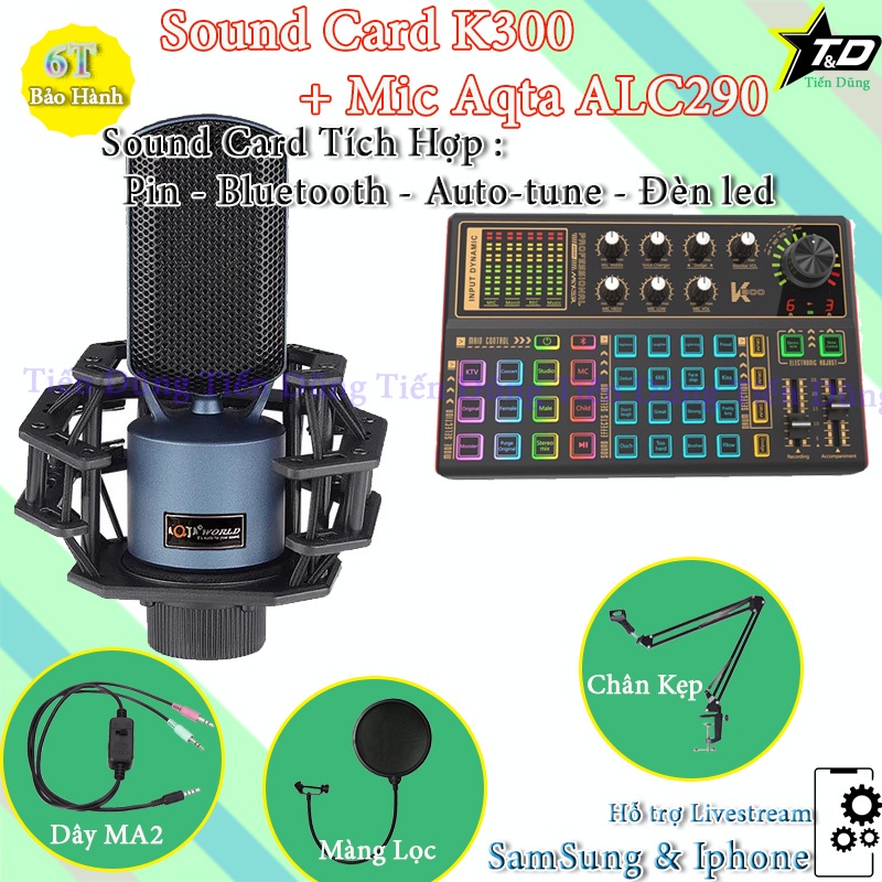 Combo mic livestream karaoke Aqta ALC290 và sound card K300 có bluetooth Auto-tune đi kèm chân màng dây livestream MA2