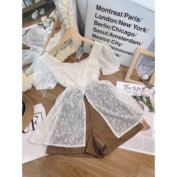 SET ÁO PEPLUM REN XẺ + QUẦN SHORT NÂU